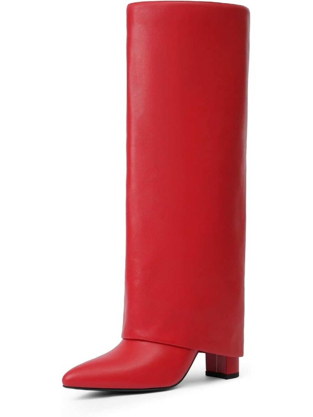 Women All Red Chunky High Heels Long Zipper Pointed Toe Fold Over Knee High Boot
